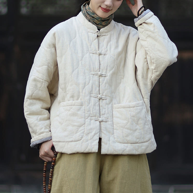 Buddha Stones Winterliche Damen-Thermojacke mit geschwungenen Linien, Froschknopfverschluss, langen Ärmeln, aus Ramie-Baumwollmischung und mit Taschen - image 21