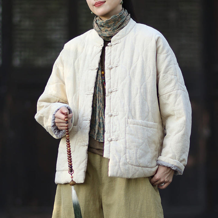 Buddha Stones Winterliche Damen-Thermojacke mit geschwungenen Linien, Froschknopfverschluss, langen Ärmeln, aus Ramie-Baumwollmischung und mit Taschen - image 18