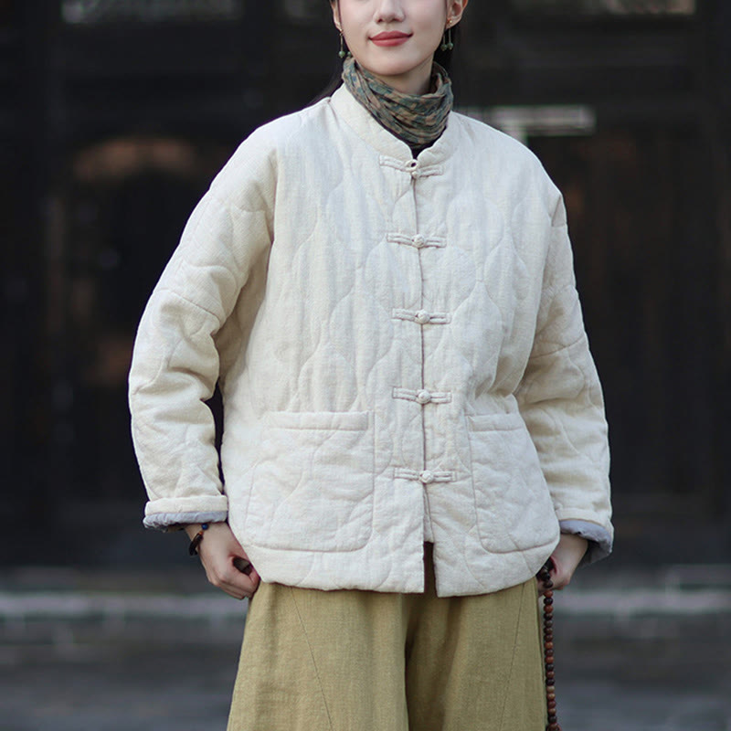 Buddha Stones Winterliche Damen-Thermojacke mit geschwungenen Linien, Froschknopfverschluss, langen Ärmeln, aus Ramie-Baumwollmischung und mit Taschen - image 22