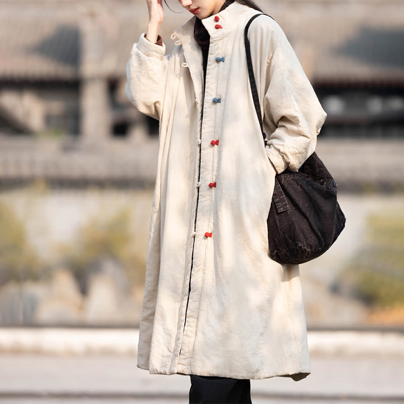 Buddha Stones Winterlicher, einfarbiger Damen-Thermomantel aus Ramie-Baumwolle mit Froschknopfverschluss, langen Ärmeln und Taschen - Leinen - US6, UK/AU10, EU38 (M) - image 0