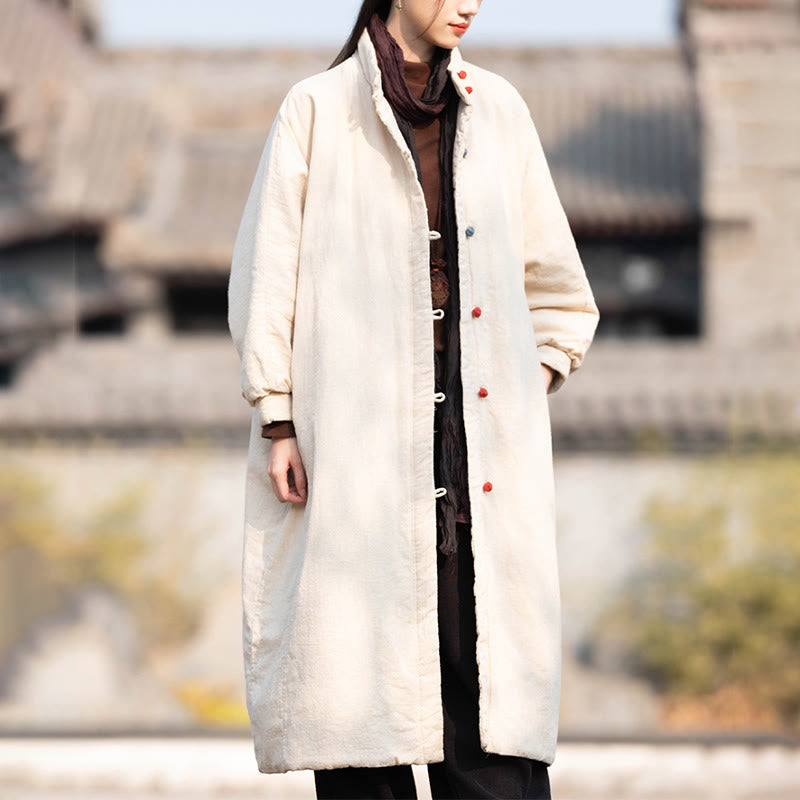 Buddha Stones Winterlicher, einfarbiger Damen-Thermomantel aus Ramie-Baumwolle mit Froschknopfverschluss, langen Ärmeln und Taschen - image 1