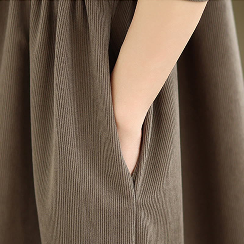 Buddha Stones Winter Plissee-Knopfleiste Langarm Cord Midikleid für Damen mit Taschen - image 9