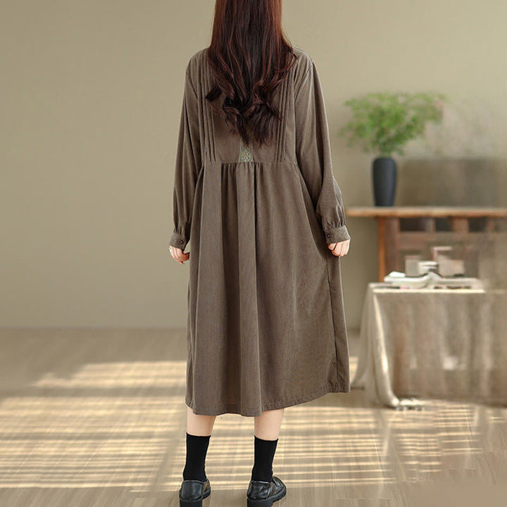 Buddha Stones Winter Plissee-Knopfleiste Langarm Cord Midikleid für Damen mit Taschen - image 3