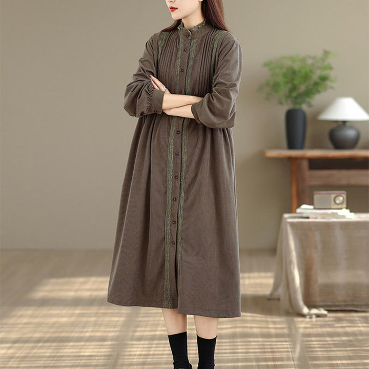 Buddha Stones Winter Plissee-Knopfleiste Langarm Cord Midikleid für Damen mit Taschen - Bräunen - US 8-10, UK/AU 12-14, EU 40-42 (2XL) - image 0