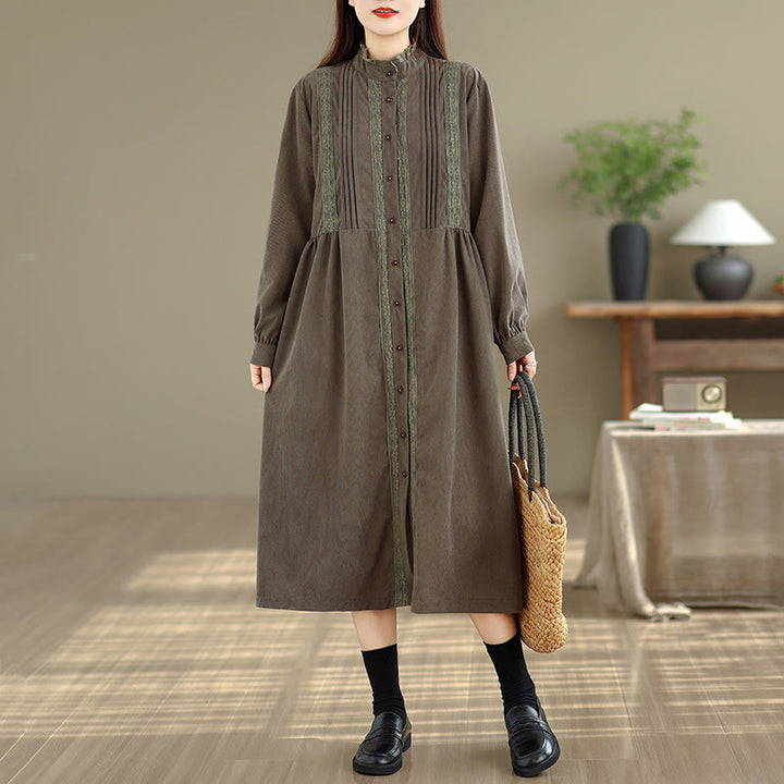 Buddha Stones Winter Plissee-Knopfleiste Langarm Cord Midikleid für Damen mit Taschen - image 2