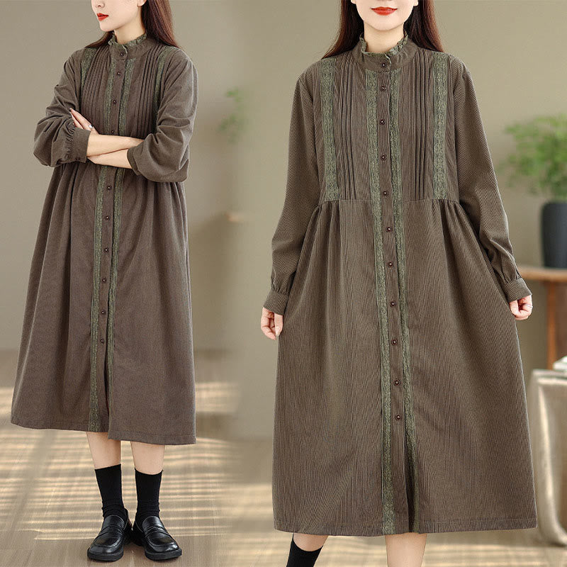 Buddha Stones Winter Plissee-Knopfleiste Langarm Cord Midikleid für Damen mit Taschen - image 6