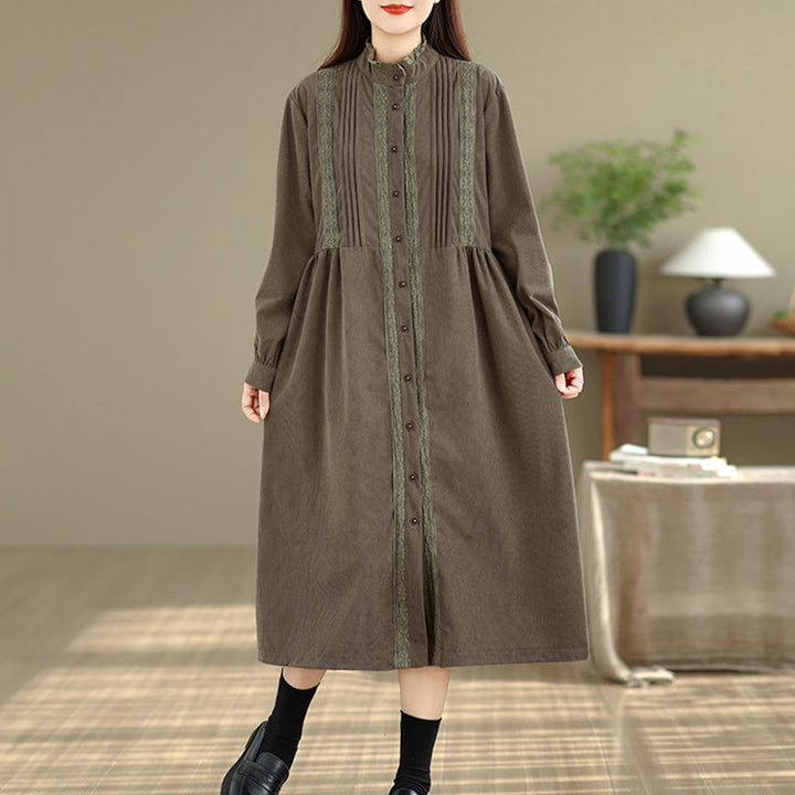 Buddha Stones Winter Plissee-Knopfleiste Langarm Cord Midikleid für Damen mit Taschen - image 5