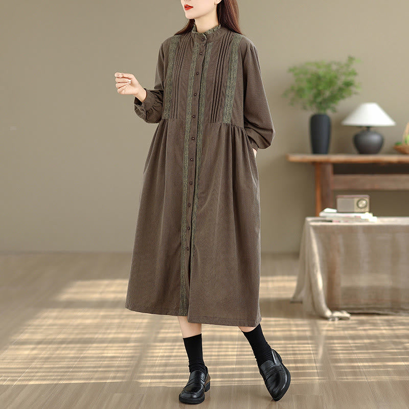 Buddha Stones Winter Plissee-Knopfleiste Langarm Cord Midikleid für Damen mit Taschen - image 1
