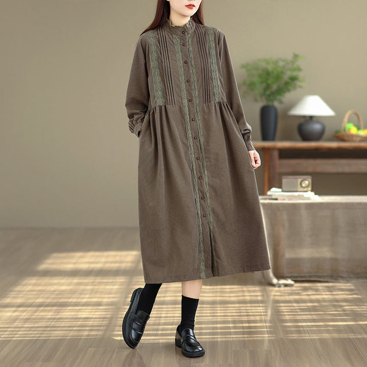 Buddha Stones Winter Plissee-Knopfleiste Langarm Cord Midikleid für Damen mit Taschen - image 4