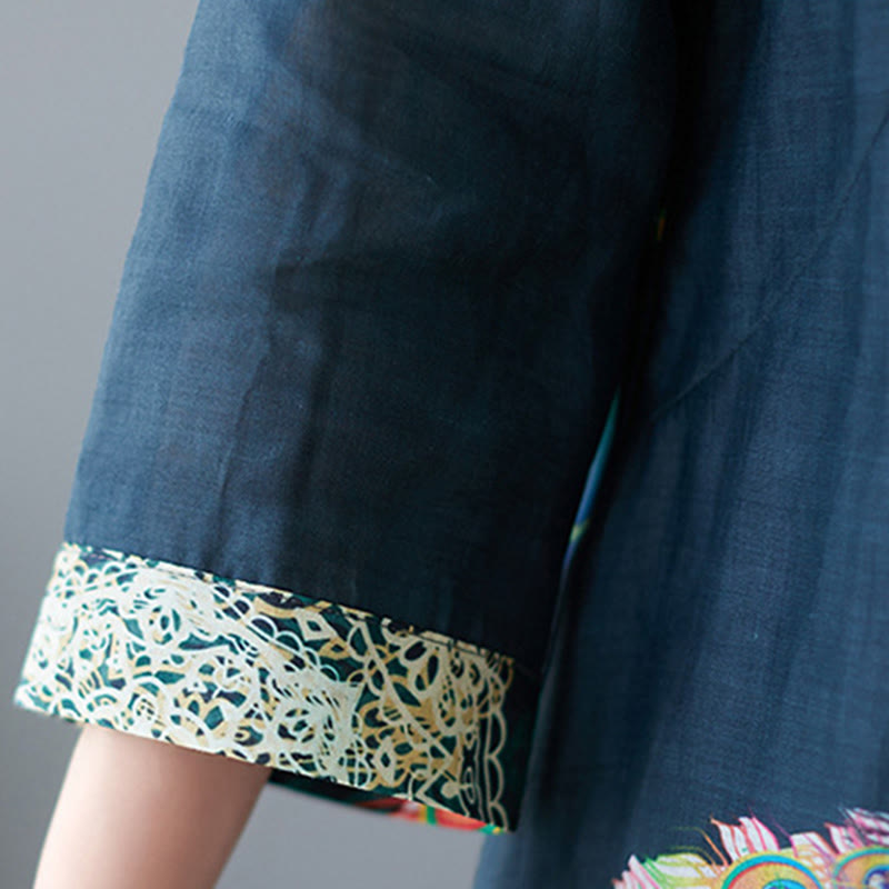 Buddha Stones ​​Herbstfarbenes Pfauen-Mandala-Knopfloch-Dreiviertelärmel-Baumwoll-Midikleid - image 16