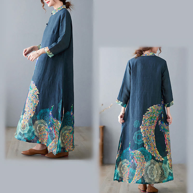 Buddha Stones ​​Herbstfarbenes Pfauen-Mandala-Knopfloch-Dreiviertelärmel-Baumwoll-Midikleid - image 8