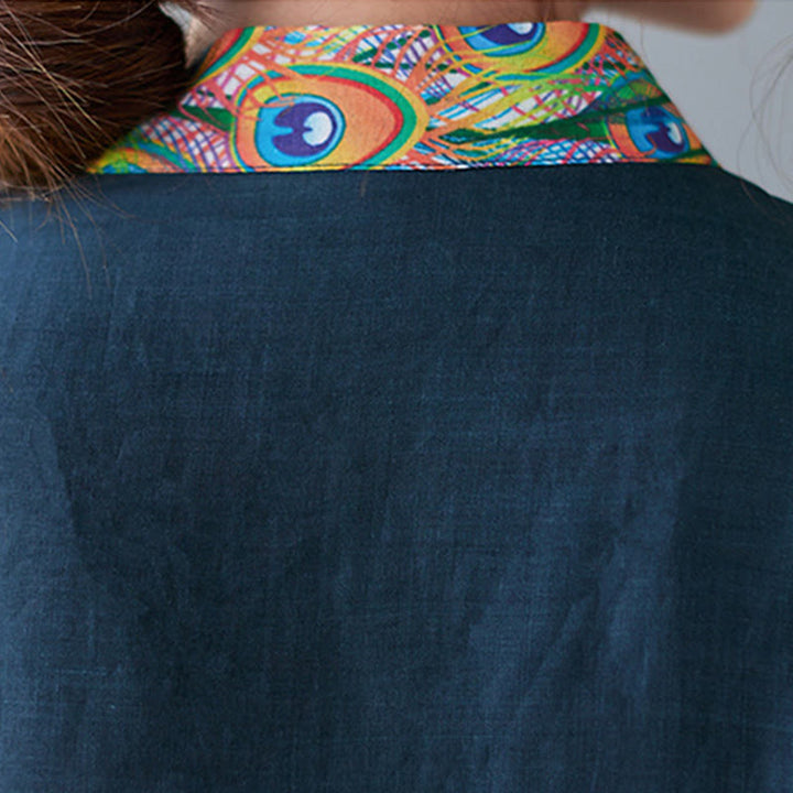 Buddha Stones ​​Herbstfarbenes Pfauen-Mandala-Knopfloch-Dreiviertelärmel-Baumwoll-Midikleid - image 14