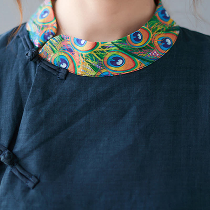 Buddha Stones ​​Herbstfarbenes Pfauen-Mandala-Knopfloch-Dreiviertelärmel-Baumwoll-Midikleid - image 13