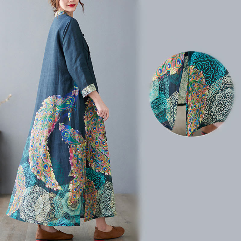 Buddha Stones ​​Herbstfarbenes Pfauen-Mandala-Knopfloch-Dreiviertelärmel-Baumwoll-Midikleid - image 10