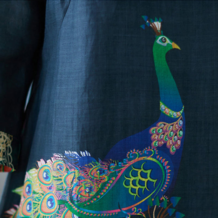 Buddha Stones ​​Herbstfarbenes Pfauen-Mandala-Knopfloch-Dreiviertelärmel-Baumwoll-Midikleid - image 15