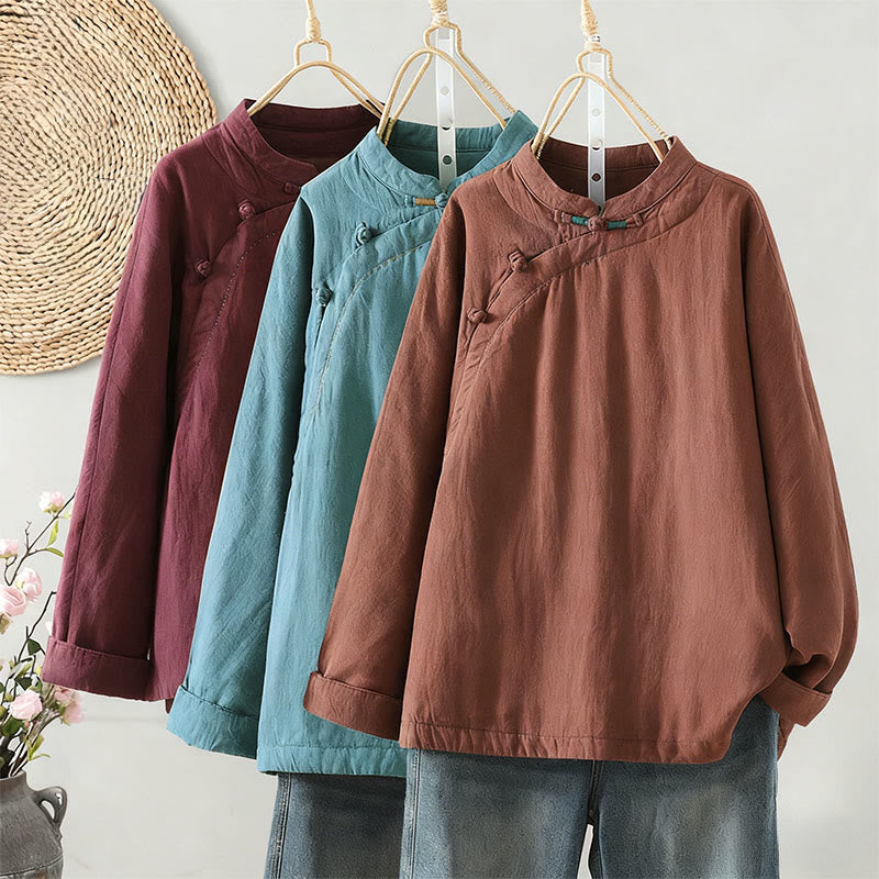 Buddha Stones Vintage Winterjacke mit Froschknopfverschluss, langen Ärmeln, Damen-Thermojacke aus Baumwolle - image 0