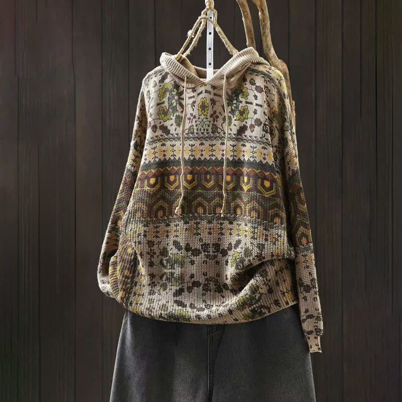 Buddha Stones Herbststreifen-Strickpullover mit geometrischen Blumenmuster aus Baumwolle für Damen, langärmelig - Beige - US4-6, UK/AU8-10, EU36-38 (F) - image 0