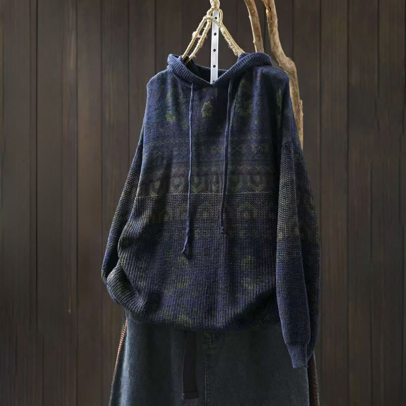 Buddha Stones Herbststreifen-Strickpullover mit geometrischen Blumenmuster aus Baumwolle für Damen, langärmelig - Marine - US4-6, UK/AU8-10, EU36-38 (F) - image 11