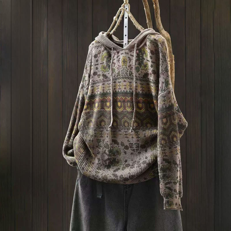 Buddha Stones Herbststreifen-Strickpullover mit geometrischen Blumenmuster aus Baumwolle für Damen, langärmelig - Dunkelkhaki - US4-6, UK/AU8-10, EU36-38 (F) - image 12