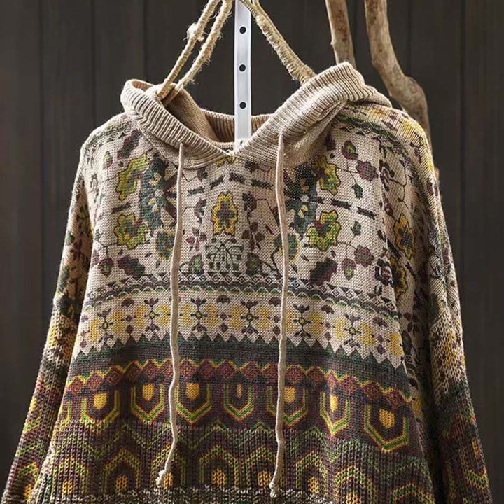 Buddha Stones Herbststreifen-Strickpullover mit geometrischen Blumenmuster aus Baumwolle für Damen, langärmelig - image 1