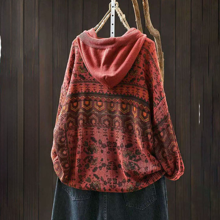 Buddha Stones Herbststreifen-Strickpullover mit geometrischen Blumenmuster aus Baumwolle für Damen, langärmelig - image 3