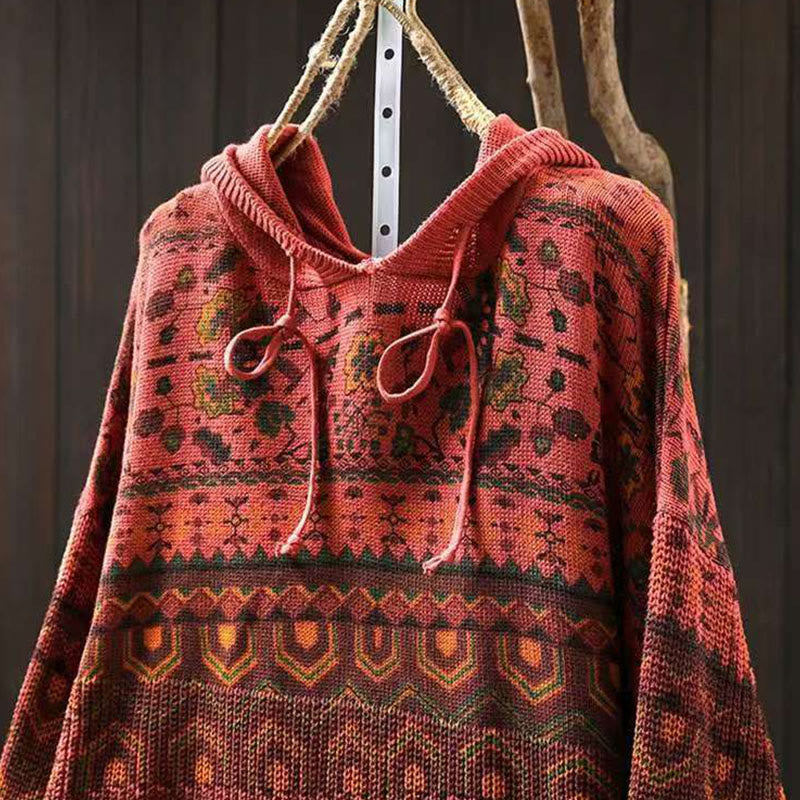 Buddha Stones Herbststreifen-Strickpullover mit geometrischen Blumenmuster aus Baumwolle für Damen, langärmelig - image 4