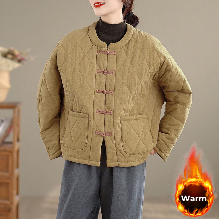 Buddha Stones Winterliche Damen-Thermojacke aus Baumwolle mit langen Ärmeln, Froschknopfverschluss, rautenförmigen Steppnähten und Taschen - Dunkelkhaki - US14, UK/AU18, EU46 (2XL) - image 6