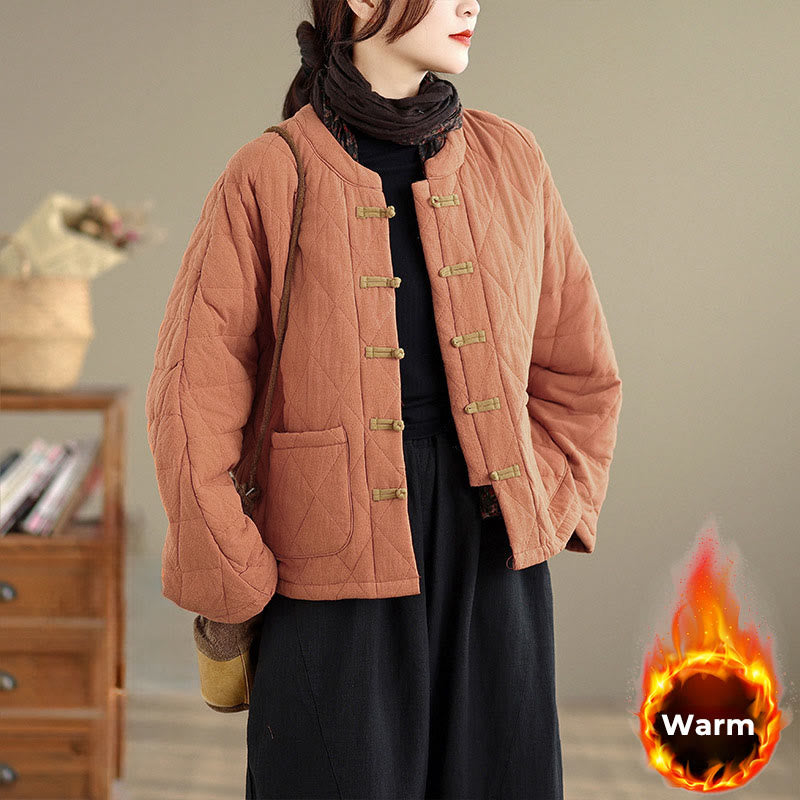 Buddha Stones Winterliche Damen-Thermojacke aus Baumwolle mit langen Ärmeln, Froschknopfverschluss, rautenförmigen Steppnähten und Taschen - image 1