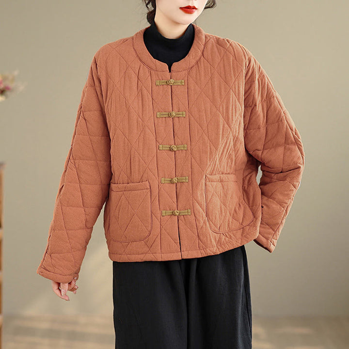 Buddha Stones Winterliche Damen-Thermojacke aus Baumwolle mit langen Ärmeln, Froschknopfverschluss, rautenförmigen Steppnähten und Taschen - image 5