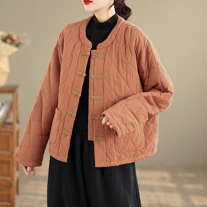 Buddha Stones Winterliche Damen-Thermojacke aus Baumwolle mit langen Ärmeln, Froschknopfverschluss, rautenförmigen Steppnähten und Taschen - image 4
