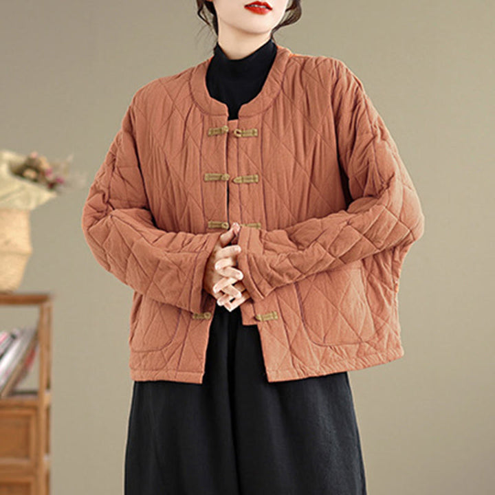 Buddha Stones Winterliche Damen-Thermojacke aus Baumwolle mit langen Ärmeln, Froschknopfverschluss, rautenförmigen Steppnähten und Taschen - image 2
