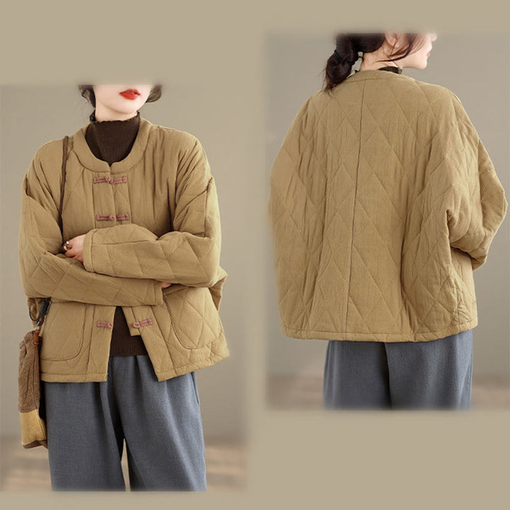 Buddha Stones Winterliche Damen-Thermojacke aus Baumwolle mit langen Ärmeln, Froschknopfverschluss, rautenförmigen Steppnähten und Taschen - image 10