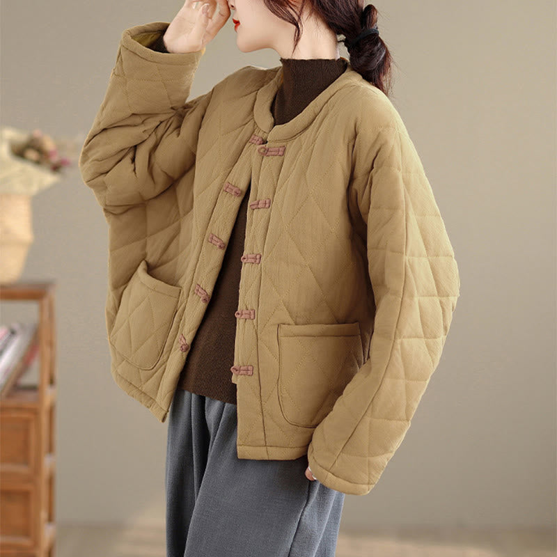 Buddha Stones Winterliche Damen-Thermojacke aus Baumwolle mit langen Ärmeln, Froschknopfverschluss, rautenförmigen Steppnähten und Taschen - image 9