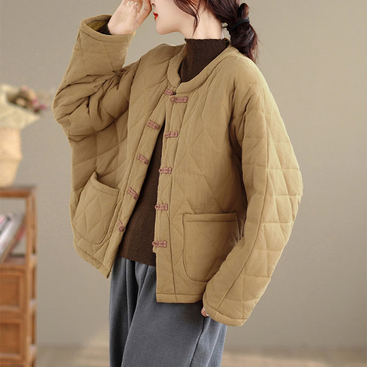 Buddha Stones Winterliche Damen-Thermojacke aus Baumwolle mit langen Ärmeln, Froschknopfverschluss, rautenförmigen Steppnähten und Taschen - image 9