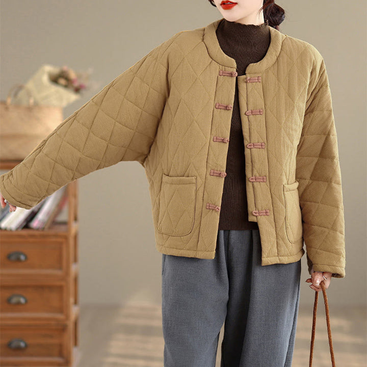 Buddha Stones Winterliche Damen-Thermojacke aus Baumwolle mit langen Ärmeln, Froschknopfverschluss, rautenförmigen Steppnähten und Taschen - image 7