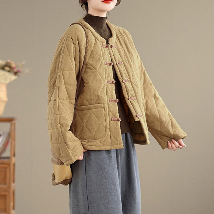 Buddha Stones Winterliche Damen-Thermojacke aus Baumwolle mit langen Ärmeln, Froschknopfverschluss, rautenförmigen Steppnähten und Taschen - image 8