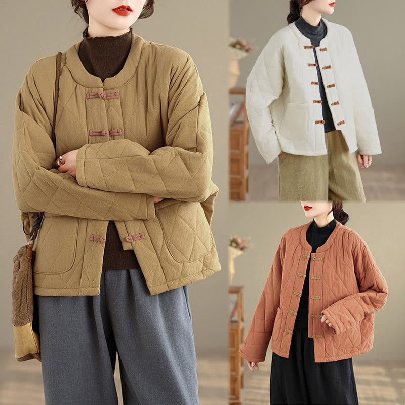 Buddha Stones Winterliche Damen-Thermojacke aus Baumwolle mit langen Ärmeln, Froschknopfverschluss, rautenförmigen Steppnähten und Taschen - image 22