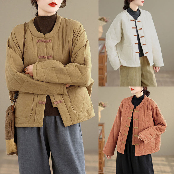 Buddha Stones Winterliche Damen-Thermojacke aus Baumwolle mit langen Ärmeln, Froschknopfverschluss, rautenförmigen Steppnähten und Taschen - image 22