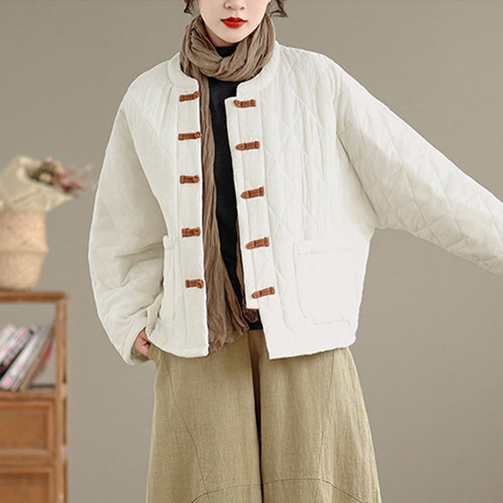 Buddha Stones Winterliche Damen-Thermojacke aus Baumwolle mit langen Ärmeln, Froschknopfverschluss, rautenförmigen Steppnähten und Taschen - image 21