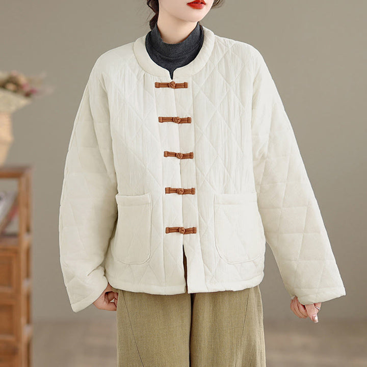 Buddha Stones Winterliche Damen-Thermojacke aus Baumwolle mit langen Ärmeln, Froschknopfverschluss, rautenförmigen Steppnähten und Taschen - image 20