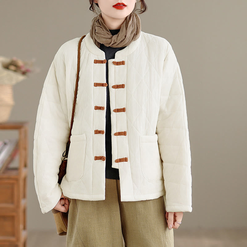 Buddha Stones Winterliche Damen-Thermojacke aus Baumwolle mit langen Ärmeln, Froschknopfverschluss, rautenförmigen Steppnähten und Taschen - image 17