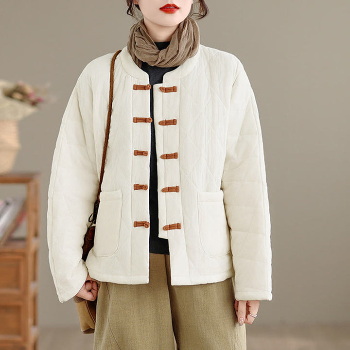 Buddha Stones Winterliche Damen-Thermojacke aus Baumwolle mit langen Ärmeln, Froschknopfverschluss, rautenförmigen Steppnähten und Taschen - image 17