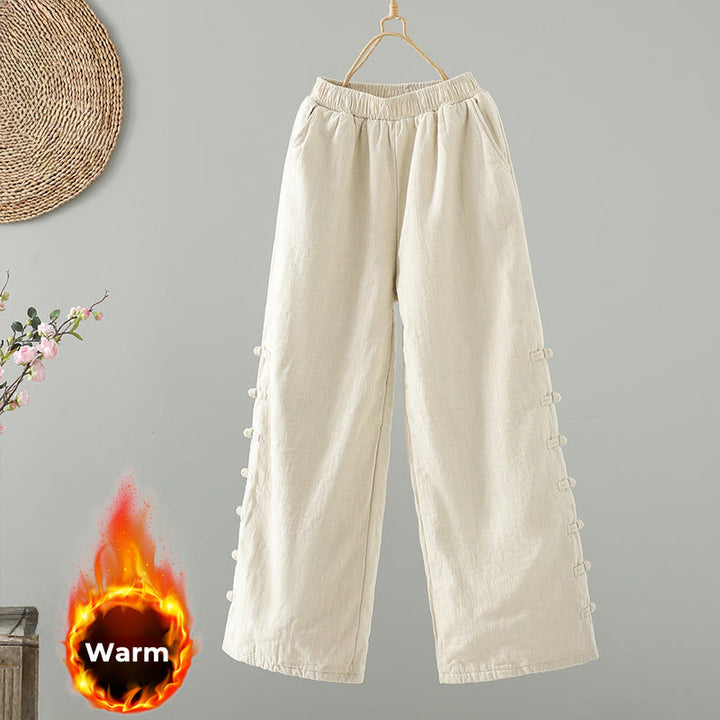 Buddha Stones Winter Elastischer Bund Froschknopf-Design Baumwoll-Thermohose für Damen mit geradem Bein und Taschen - Leinen - US 8-10, UK/AU 12-14, EU 40-42 (2XL) - image 7