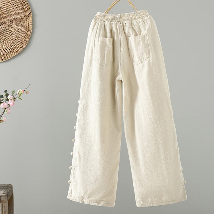 Buddha Stones Winter Elastischer Bund Froschknopf-Design Baumwoll-Thermohose für Damen mit geradem Bein und Taschen - image 8