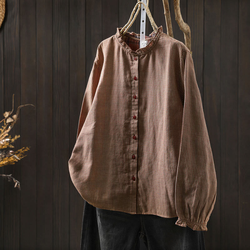 Buddha Stones Herbst Kleines kariertes Langarm-Baumwollhemd mit Knopfleiste, Rüschenkragen und Knöpfen - DarkSalmon - US6, UK/AU10, EU38 (L) - image 0