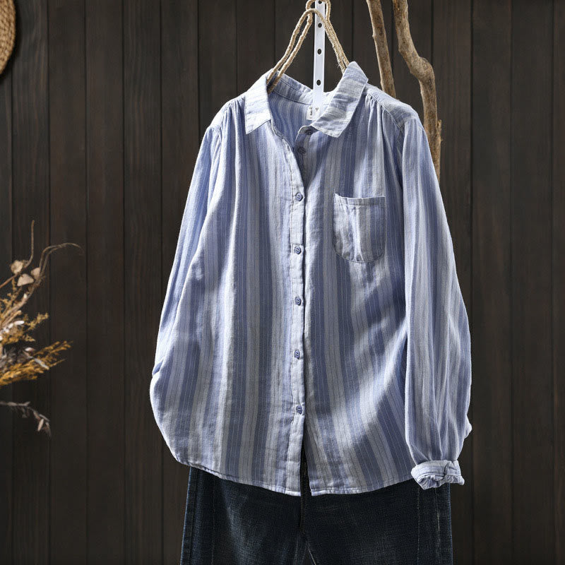 Buddha Stones Herbst-Baumwollhemd mit vertikalen Streifen, Knopfleiste, Stehkragen und langen Ärmeln - Hellblau - US6, UK/AU10, EU38 (L) - image 0
