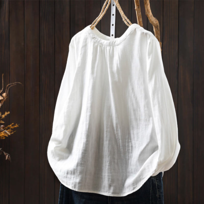 Buddha Stones Herbst-Baumwollhemd mit Rundhalsausschnitt, Knopfleiste am Rücken und langen Ärmeln - Weiß - US6, UK/AU10, EU38 (L) - image 13