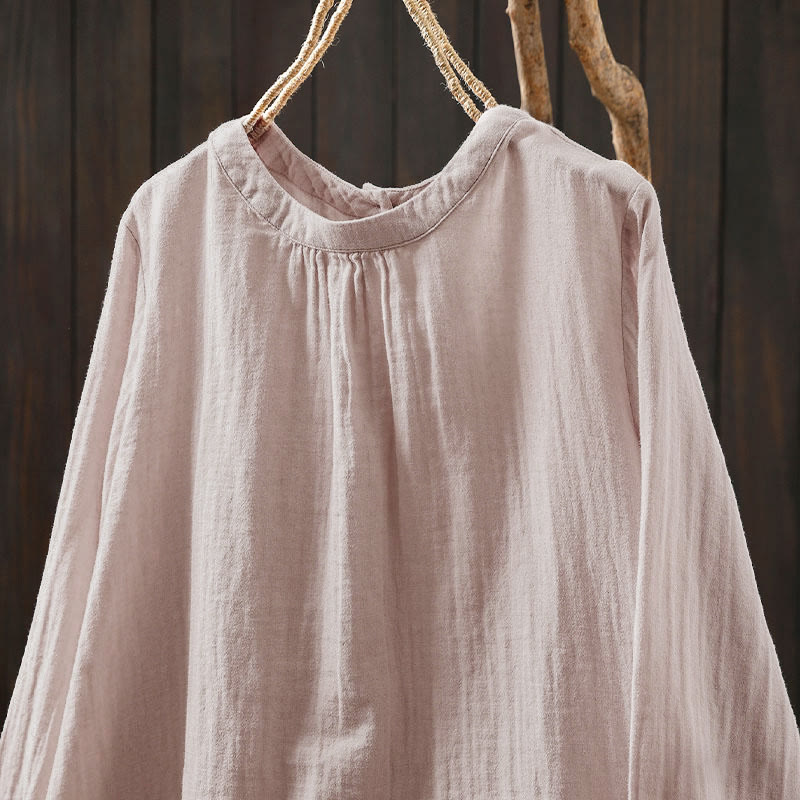 Buddha Stones Herbst-Baumwollhemd mit Rundhalsausschnitt, Knopfleiste am Rücken und langen Ärmeln - image 3