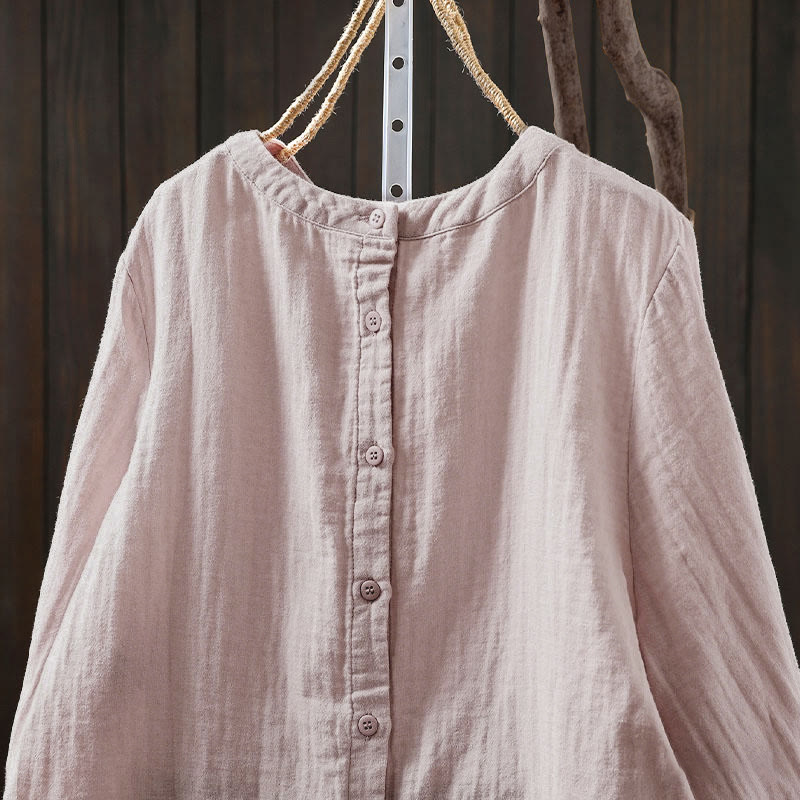 Buddha Stones Herbst-Baumwollhemd mit Rundhalsausschnitt, Knopfleiste am Rücken und langen Ärmeln - image 5