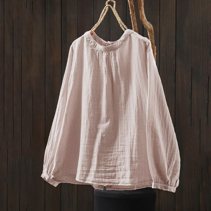 Buddha Stones Herbst-Baumwollhemd mit Rundhalsausschnitt, Knopfleiste am Rücken und langen Ärmeln - image 2